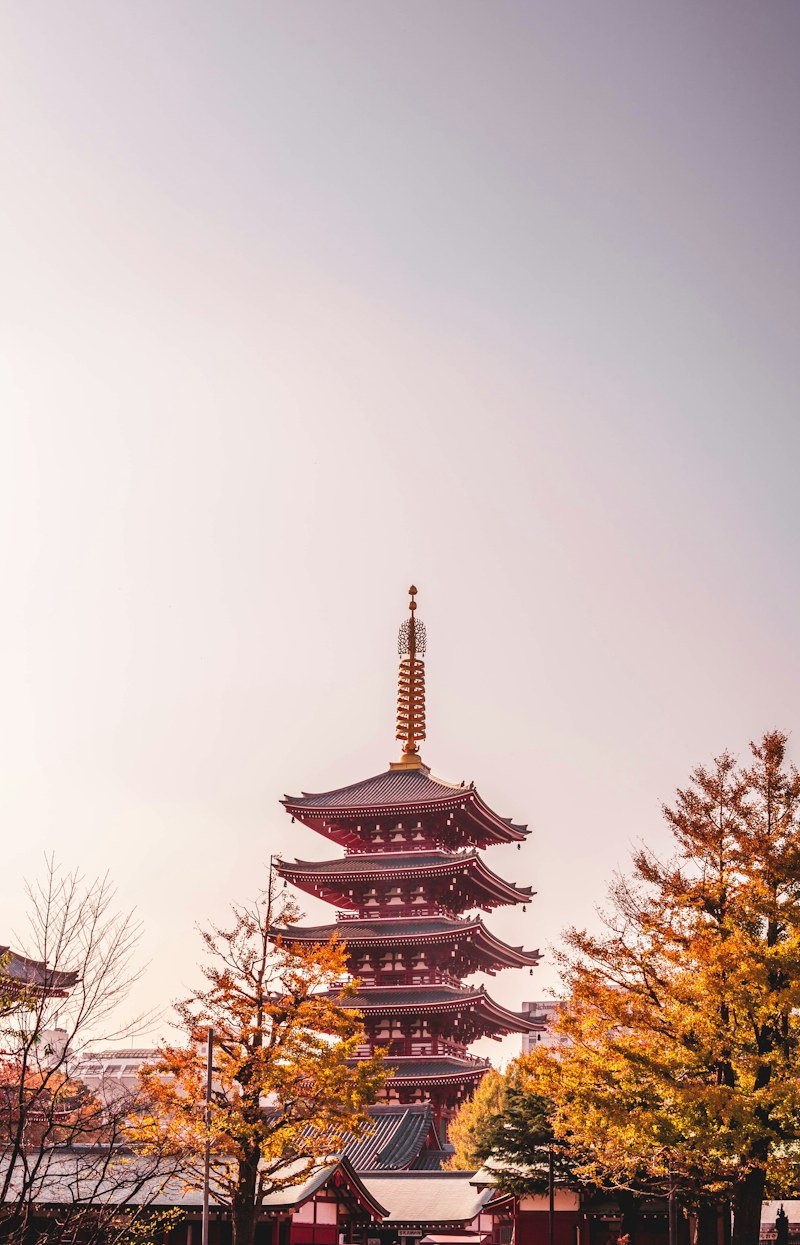 The pagoda at Sensō-ji in Asakusa, Tokyo, framed against the evening sky